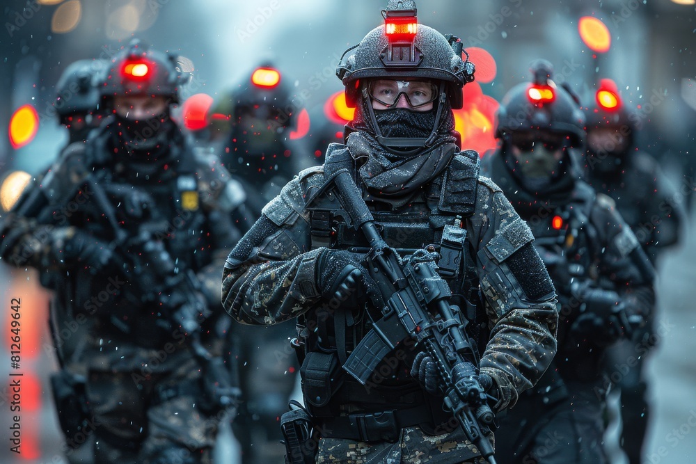 A group of uniformed, tactical squad members with blurred faces in a cohesive formation A group of uniformed, tactical squad members with blurred faces in a cohesive formation