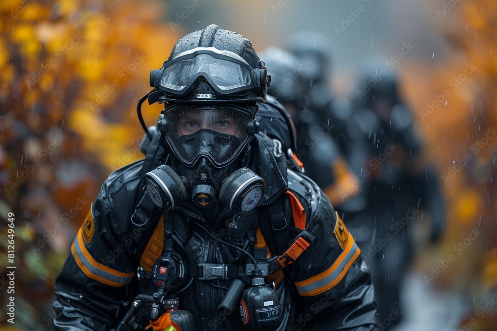 A heavily equipped Special Forces operator stands in the rain, surrounded by autumn leaves, showcasing tactical gear A heavily equipped Special Forces operator stands in the rain, surrounded by autumn leaves, showcasing tactical gear