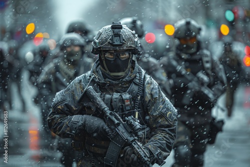 An elite soldier in full combat gear is set against a winter backdrop, with blurred city lights conveying an urban mission