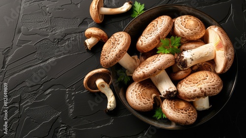 Organic brown mushroom with parsley on a black stone background. Top view, flat lay. photo