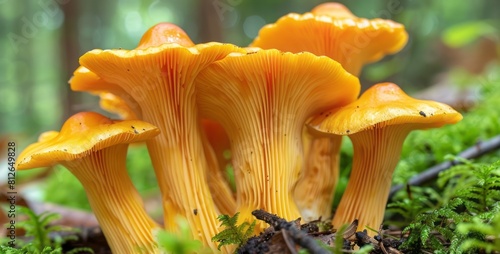 Chanterelle mushrooms growing in a forest