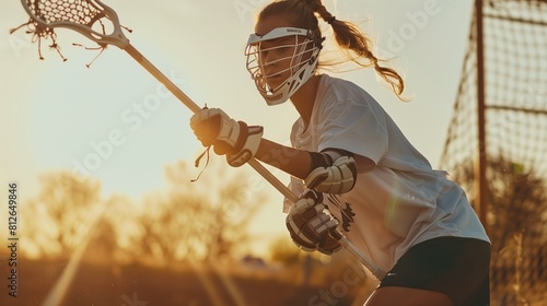 White woman  practicing lacrosse sport, person is focused and enjoying the sport, sports photography, generative ai