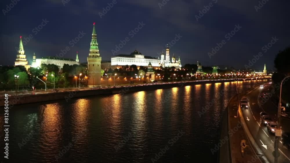 Moscow Kremlin and ships on river at night, timelapse, 4k Moscow Kremlin and ships on river at night, timelapse, 4k