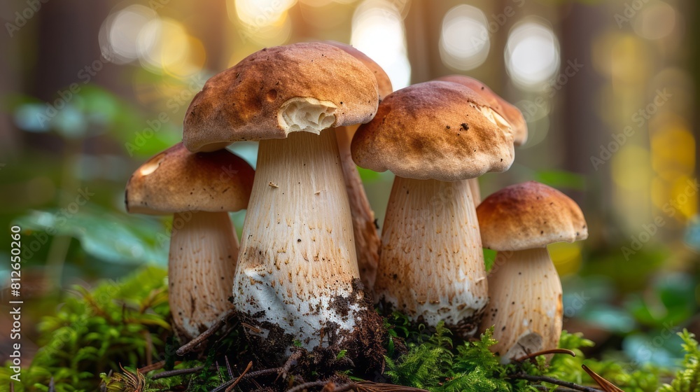 King Bolete mushrooms in the morning light. King Bolete mushrooms in the morning light.
