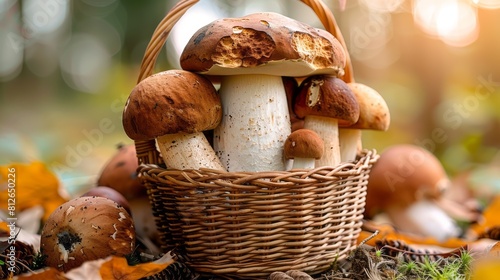 A basket full of freshly picked ceps in the morning light. photo
