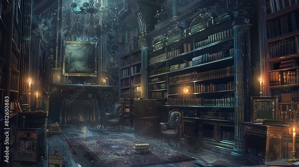 Mysterious Enchanted Library at Nightfall with Glowing Candles and Bookshelves