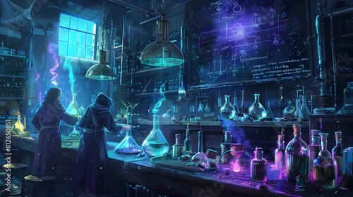 Mysterious Alchemical Laboratory with Glowing Potions and Arcane Apparatus