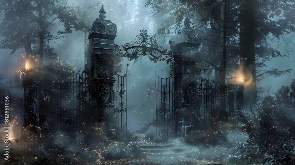 Mystical Gothic Arch in Enchanted Moonlit Forest Landscape Mystical Gothic Arch in Enchanted Moonlit Forest Landscape