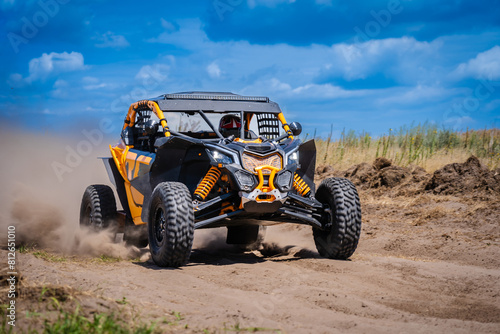 UTV buggy and 4x4 offroad in sandy track. Rally extreme riding