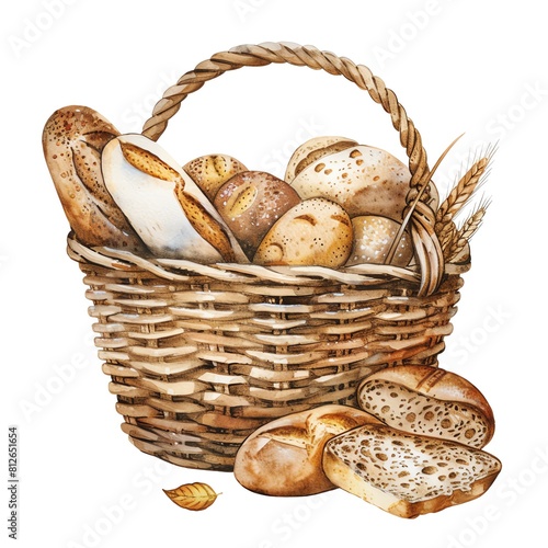 A beautiful watercolor painting of a wicker basket filled with a variety of breads