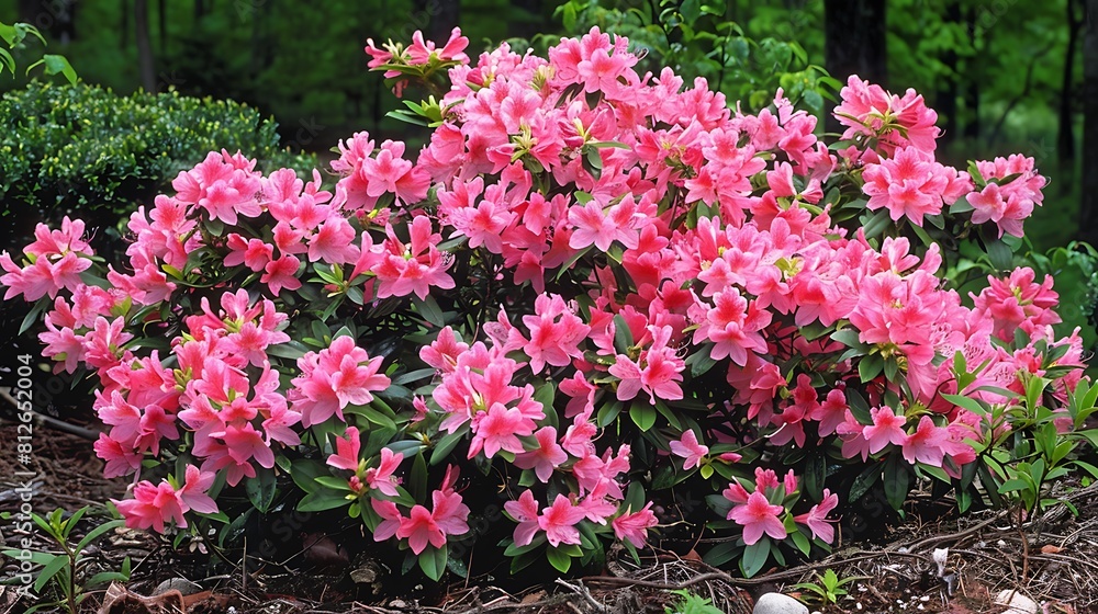 A cluster of vibrant pink azalea flowers in full bloom, creating a stunning display of color in a garden.