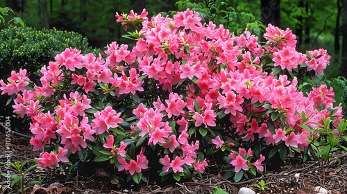 A cluster of vibrant pink azalea flowers in full bloom, creating a stunning display of color in a garden.