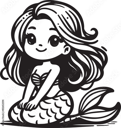 Cute beautiful mermaid sitting smiling vector silhouette illustration. Stylized mermaid sitting on a rock illustration design