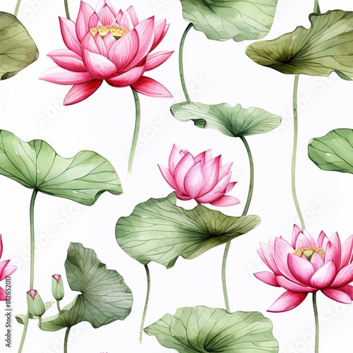 Floral pattern, pink water lilies in watercolor. American Lotus Watercolor floral arrangements with beautiful. Nelumbo lutea , Watercolor floral bouquet. photo