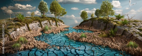 A dry, cracked riverbed snaking through a once lush rainforest, where withered flora and fauna struggle to survive