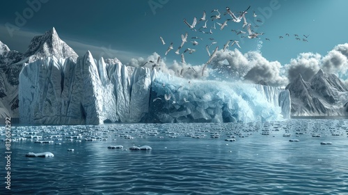 A glacier calving into the ocean as stranded wildlife watch from shrinking shores