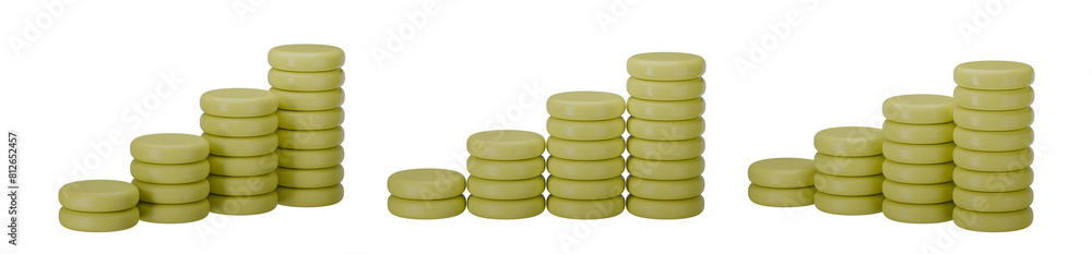 set of 3d coin graph on transparent background, PNG, 3d render plastic chip, yellow coin chart set of 3d coin graph on transparent background, PNG, 3d render plastic chip, yellow coin chart