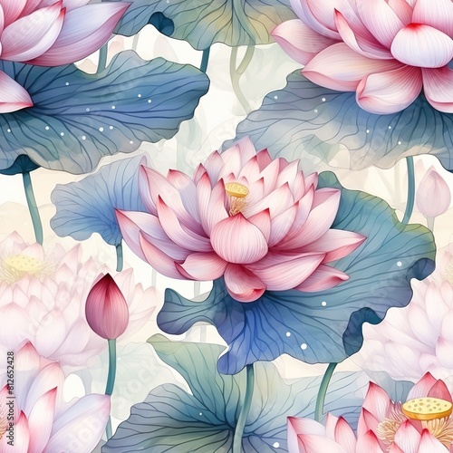 Floral pattern  pink water lilies in watercolor. American Lotus Watercolor floral arrangements with beautiful. Nelumbo lutea   Watercolor floral bouquet.