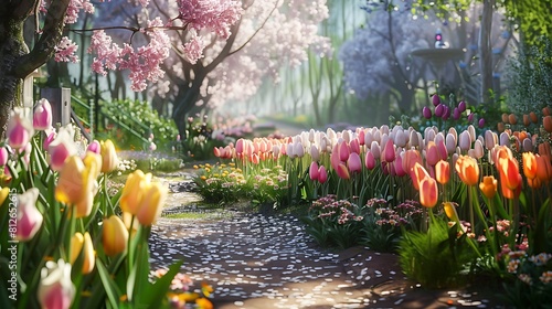 A dreamy garden scene with pastel-colored tulips in full bloom, creating a magical atmosphere. #812652615