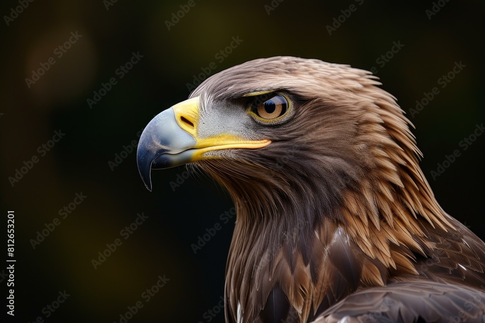 Striking close-up of a golden eagle, showcasing its sharp gaze and beautiful plumage against a dark background Striking close-up of a golden eagle, showcasing its sharp gaze and beautiful plumage against a dark background