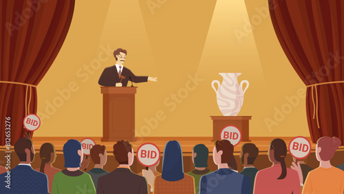 Selling art at auction, public bidding. Trader auctioneer with hammer standing at podium on stage to sell vintage valuable vase, competitors hold bid paddles for deal cartoon vector illustration