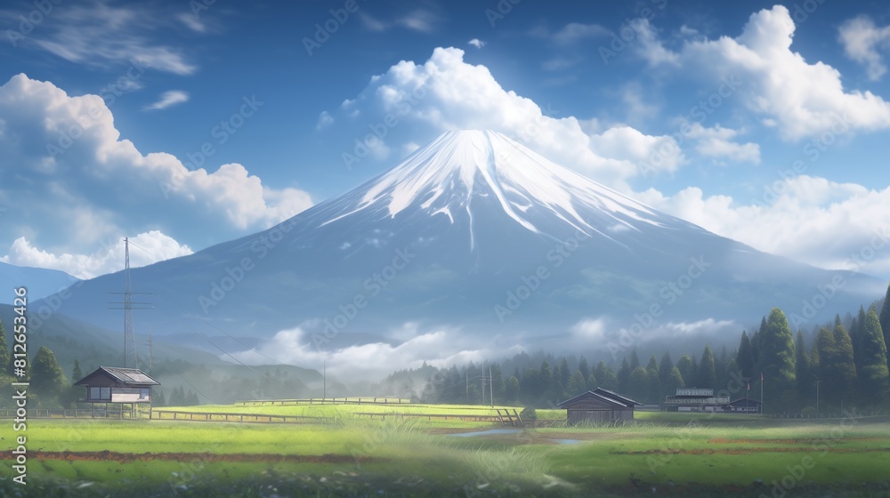 Fototapeta premium 山 青空 和風 雄大 山岳 モダン 田舎 自然 夏, generative ai