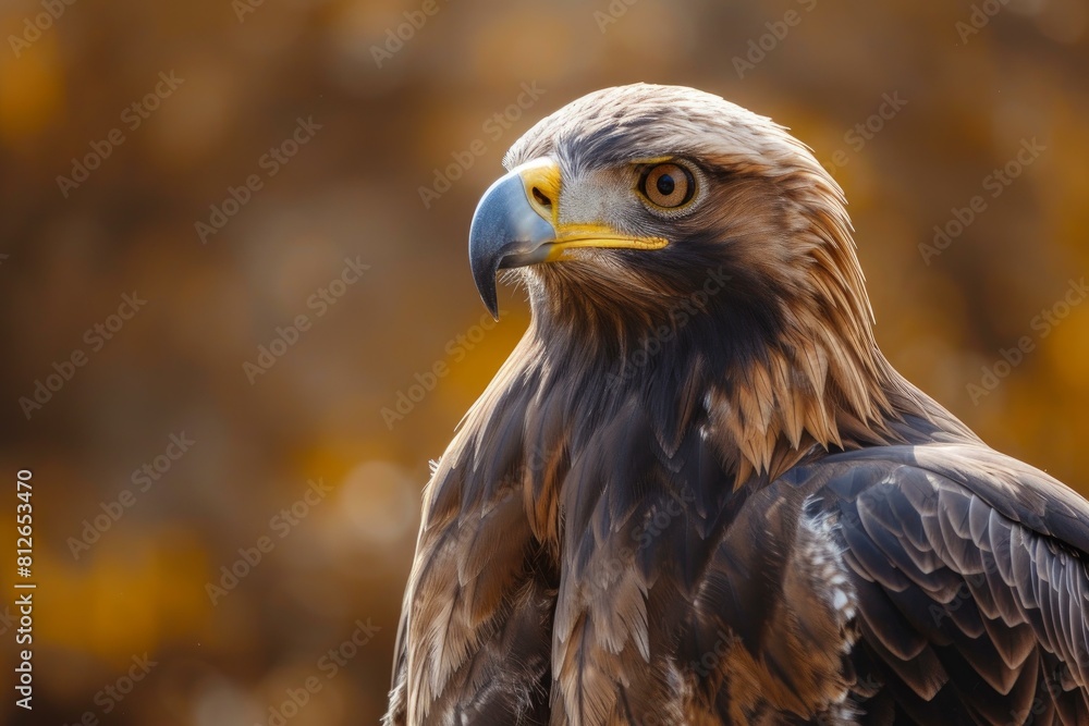 Obraz premium Close-up detailed portrait of a majestic golden eagle, a powerful bird of prey with sharp gaze and elegant plumage, in the wild against an autumn background, showcasing its fierce and keen eyesight