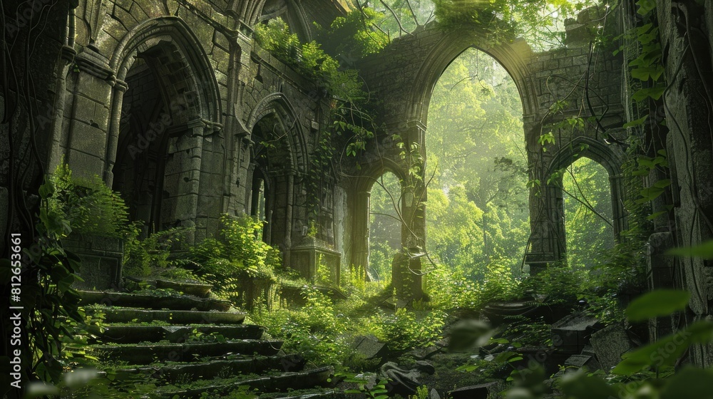 Overgrown ruin in beautiful fantasy world