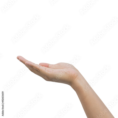 close up adult man hand gesturing as show or offer sign isolated on transparent background for png concept