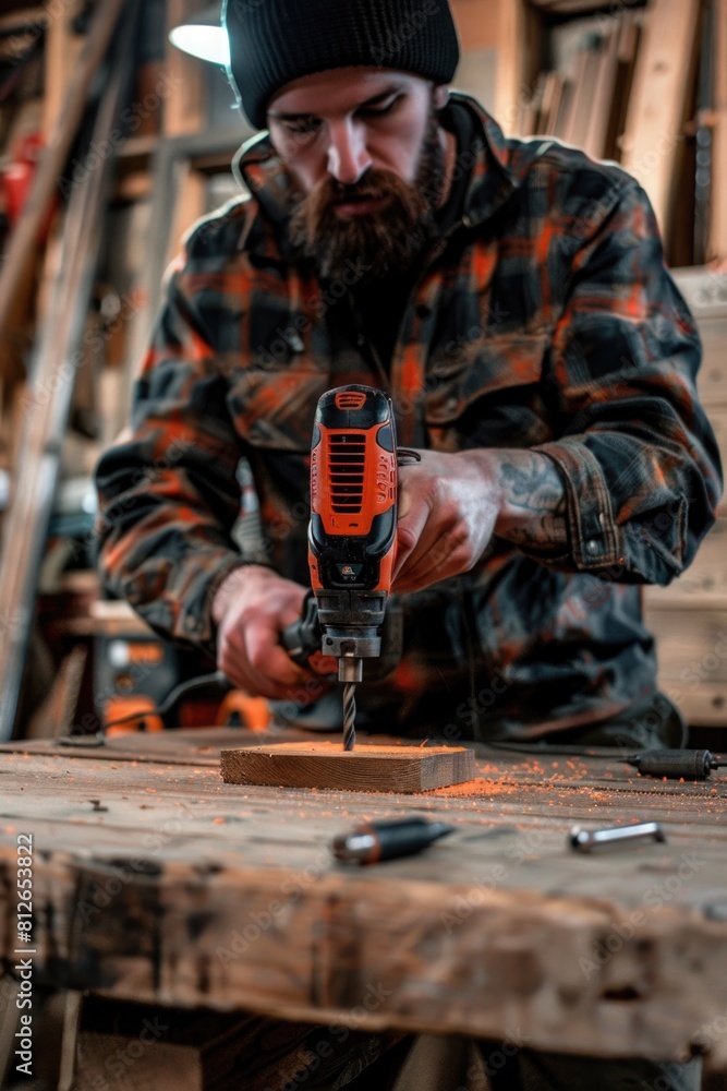 A man using a cordless drill on a piece of wood. Ideal for construction and DIY projects
