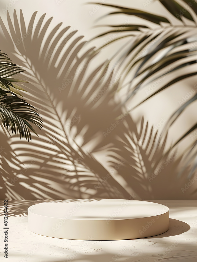 Beige background for product presentation with shadow of tropical palm leaves and light. Podium, stage pedestal platform for cosmetic product. Empty round podium. Mockup. Generative Ai. Beige background for product presentation with shadow of tropical palm leaves and light. Podium, stage pedestal platform for cosmetic product. Empty round podium. Mockup. Generative Ai.