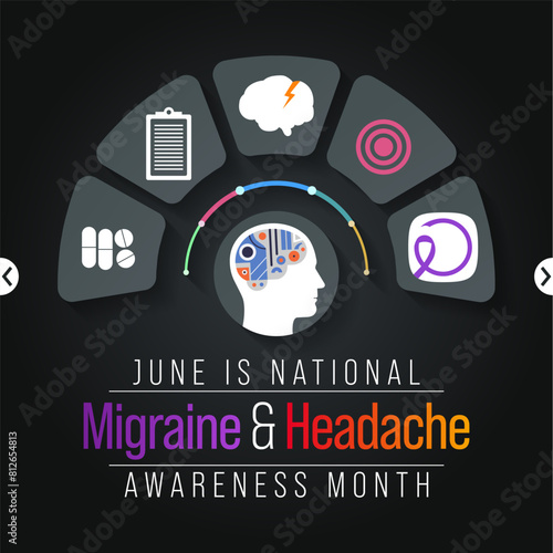 Migraine and headache awareness month is observed every year in June. it is usually a moderate or severe headache felt as a throbbing pain on one side of the head. Vector illustration