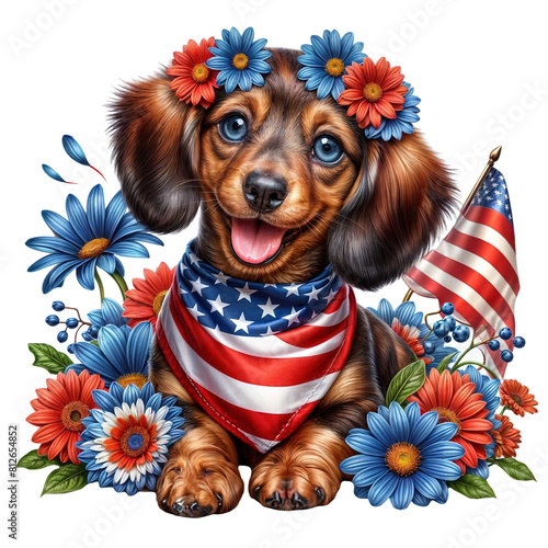 A Dachshund in Full Bloom and Patriotism, concept for independence day, Isolated on White Background photo