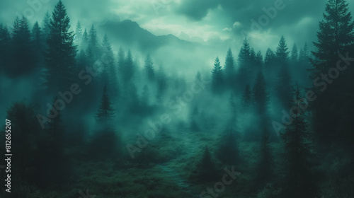 A forest with foggy trees and a misty atmosphere