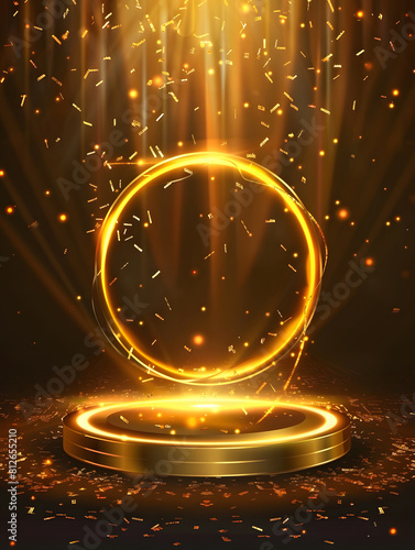 Gold podium for product presentation vector illustration. Abstract empty golden award platform with neon glowing round frame and rays, glitter confetti sparkle rain falling from above . Generative Ai.