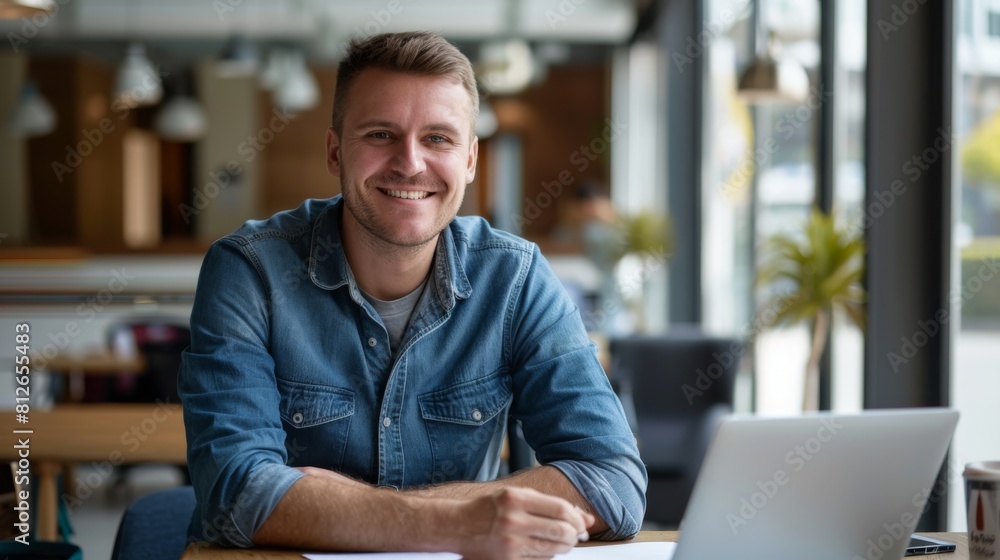 Smiling Man with Laptop at Work