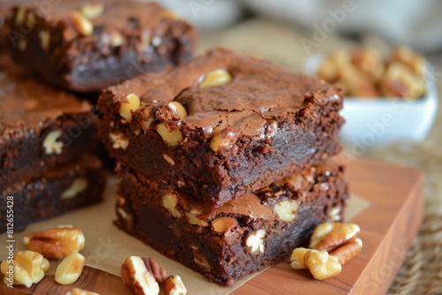 Freshly baked chocolate brownies with crunchy walnuts, stacked on a rustic wooden serving board