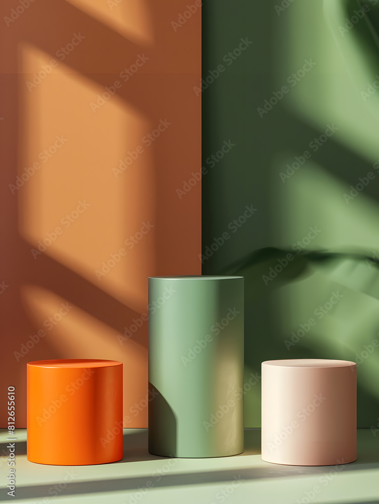 green, orang, pink cylinder pedestal podium display, Empty room background for mockup products display. Generative Ai. green, orang, pink cylinder pedestal podium display, Empty room background for mockup products display. Generative Ai.