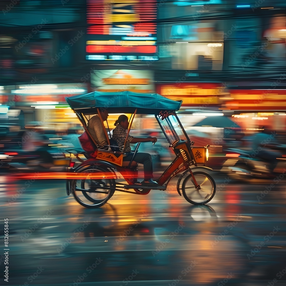 the dynamic and fast paced atmosphere of an Asian city at night with a hand pulled rickshaw navigating the dynamic and fast paced atmosphere of an Asian city at night with a hand pulled rickshaw navigating