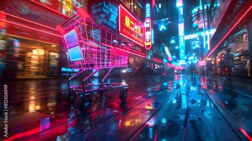 Neon Lit Shopping Cart Zooming Through Futuristic Market Street