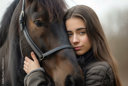 Young woman gently embraces a horse, showcasing a serene and affectionate connection