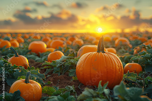 A beautiful sunset over an orange pumpkin patch  creating a stunning autumn landscape backdrop. Created with Ai