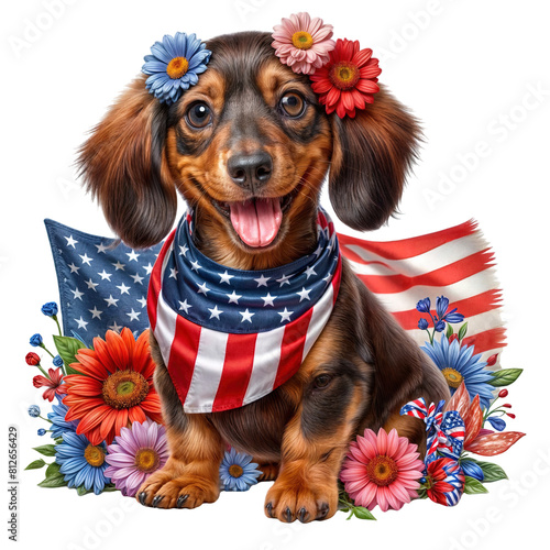 A Dachshund in Full Bloom and Patriotism, concept for independence day, Isolated on White Background photo