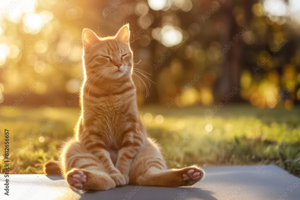 Ginger cat sitting peacefully in a meditative pose outdoors in the sunlight. Ginger cat sitting peacefully in a meditative pose outdoors in the sunlight.