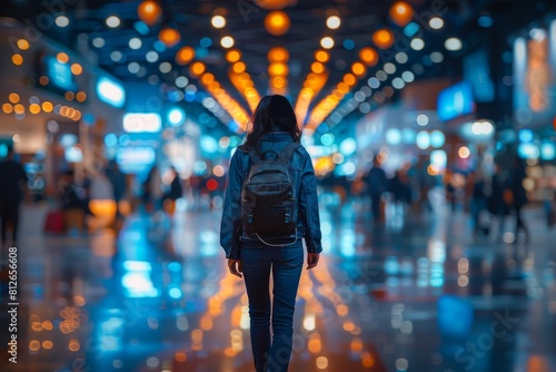 A solo traveler is seen from behind, walking through a brightly lit and vibrant airport hallway photo