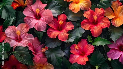 A mesmerizing display of vibrant hibiscus flowers in shades of red  pink  and orange against a tropical backdrop.