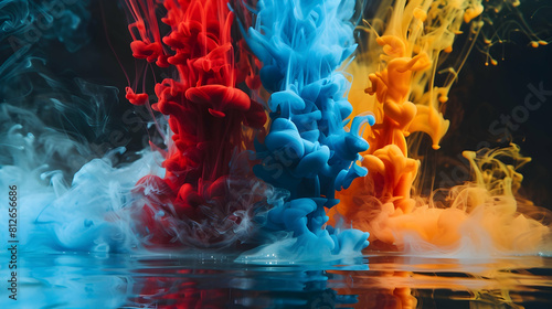 Black background  blue and red paint floating in the air  yellow smoke above it  colorful ink drifting in water  colorful explosion