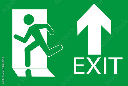 Safety vector symbol. Emergency exit sign. People running out fire exit. Running people and exit door sign. Escape help evacuation.