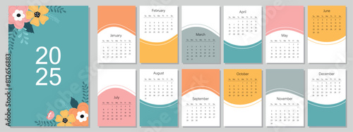 Calendar template for the year 2025. Bright design. A set of pages for 12 months of 2025. Vector illustration. The week starts on Sunday. © Victoria Guzeeva