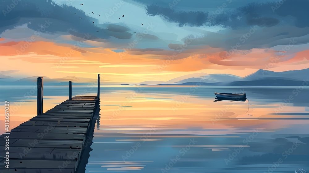 Obraz premium Serene Sunset over Tranquil Lake with Wooden Dock and Silhouetted Mountains